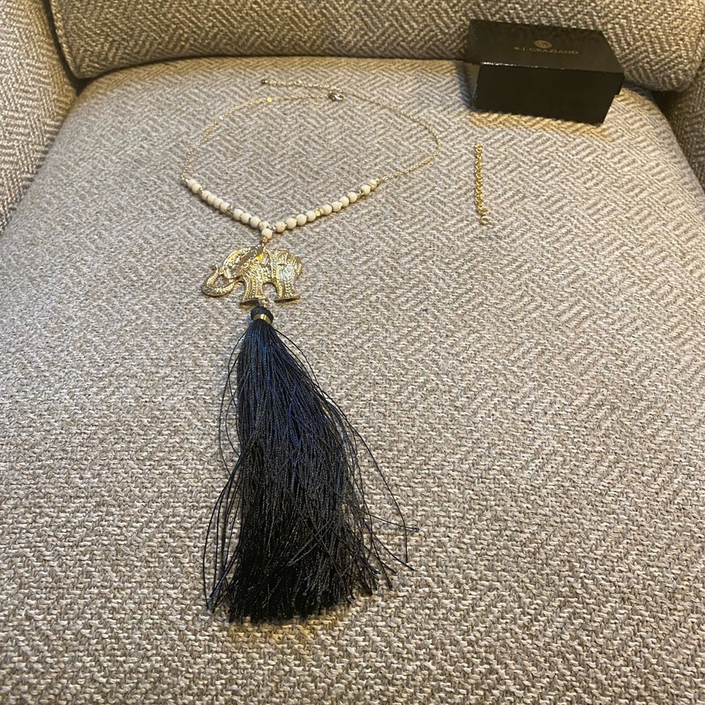R.J. Graziano Gold elephant necklace white beads & black tassel NRFB